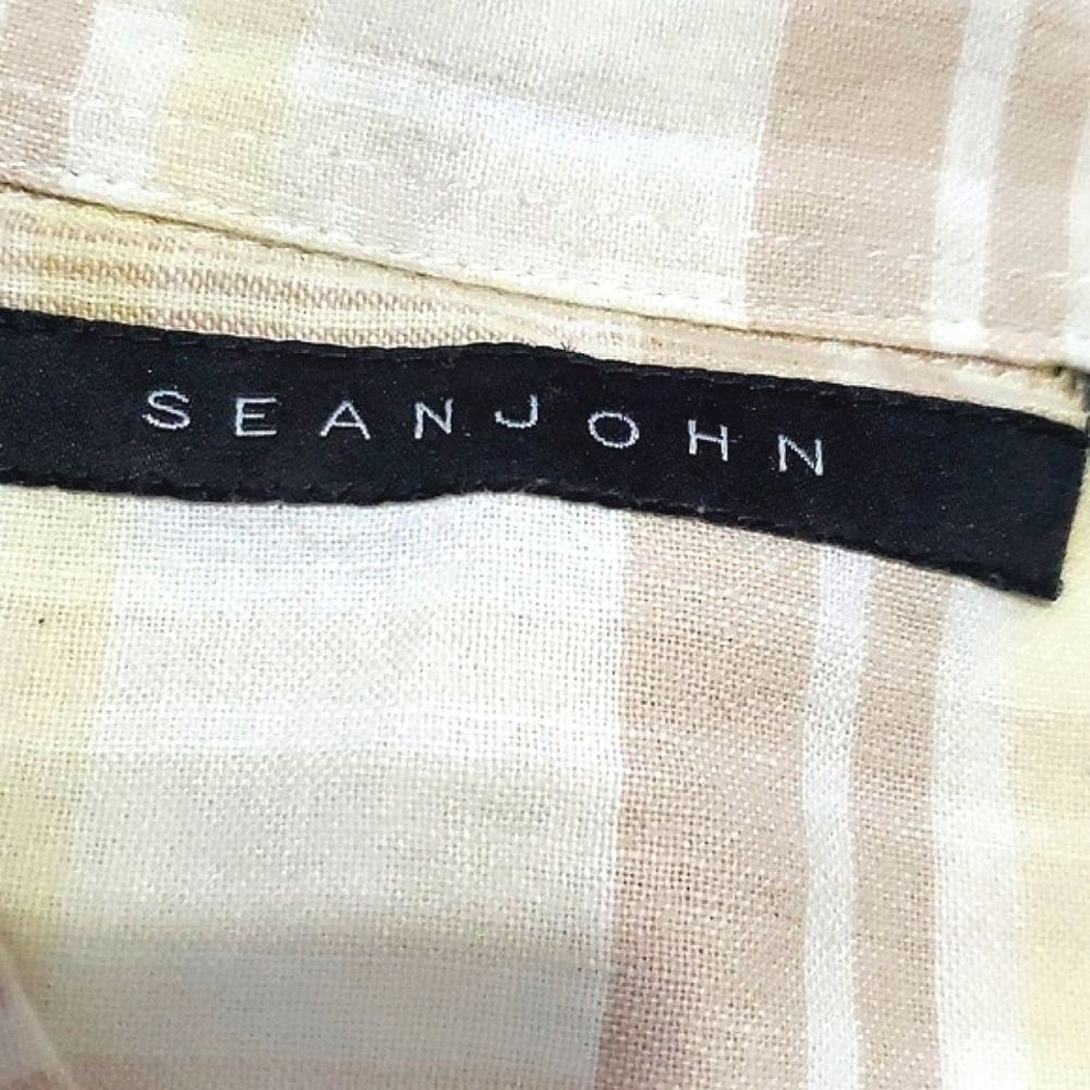 Sean John White & Tan Windowpane Plaid Button Up Shirt Linen Blend Nautical 3XL - Picture 8 of 9